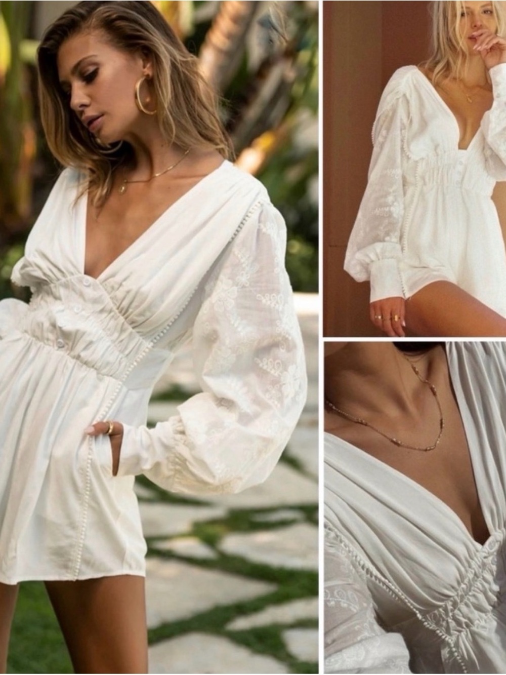 White V-Neck Long Sleeve Romper